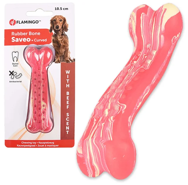 Іграшка жувальна Flamingo Rubber Saveo Curved Bone Beef, смак яловичини, для собак, 10.5 × 3.5 см