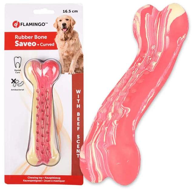 Іграшка жувальна Flamingo Rubber Saveo Curved Bone Beef, смак яловичини, для собак, 16.5 × 5 см