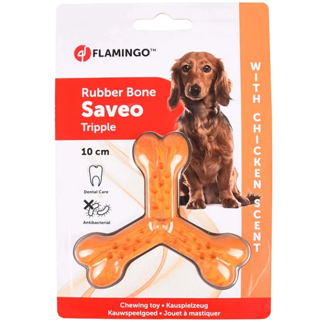 Іграшка Flamingo Rubber Flexo Saveo Triple Bone Chicken, смак курки, для собак, 10 × 8.5 см