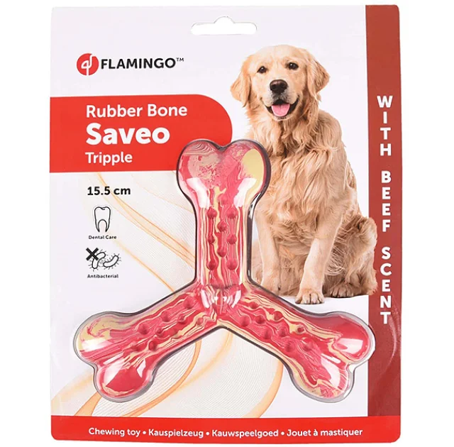 Іграшка Flamingo Rubber Flexo Saveo Triple Bone Beef, смак яловичини, для собак, 15.5 × 14 см