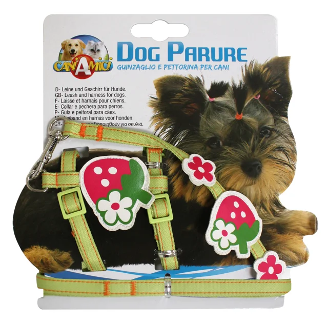 Шлея+поводок Croci Strawberry для собак, нейлон, зеленый, 20-29×1 см/1×120 см