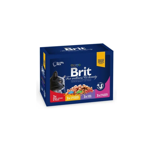 Вологий корм Brit Premium Cat набір паучей, для кішок, сімейна тарілка в соусі 4 смаки, 12 шт, 100 г