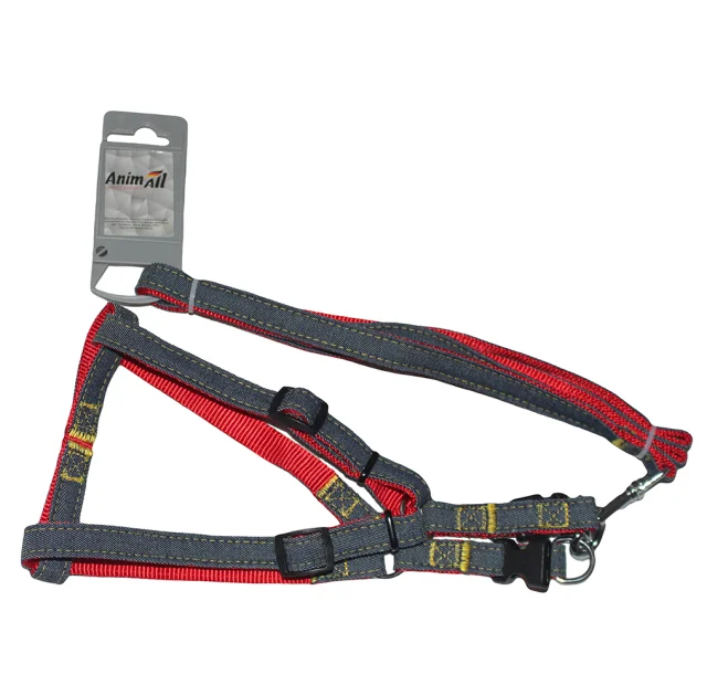 Набор шлейка и поводок AnimAll Denim, красный, 1.5×120 см/1.5×36-46 см