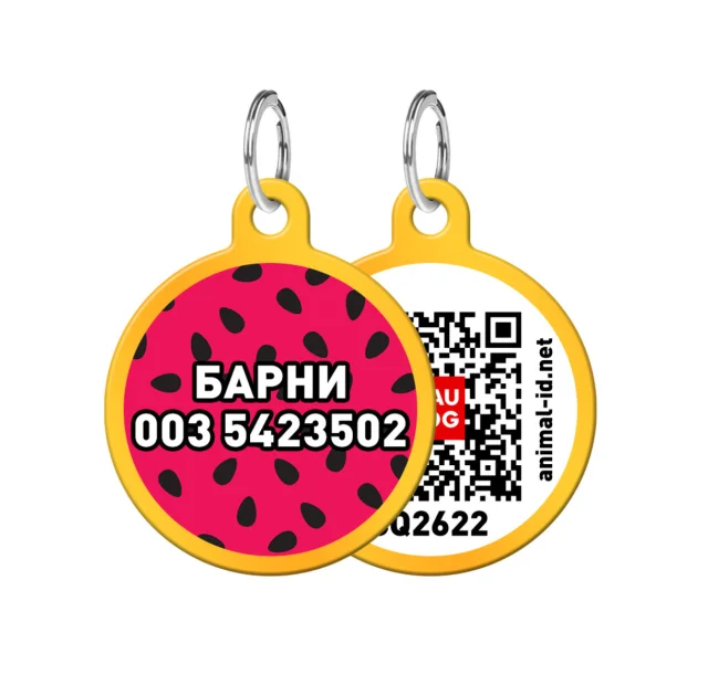 Адресник персональний WAUDOG Smart ID з QR-паспортом, з малюнком "Кавун", діаметр 30 мм, золото