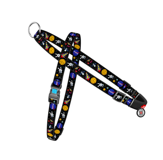 Шлея з ручкою Waudog Nylon для собак, з QR паспортом, малюнок NASA, розмір S, чорний, 15 мм, 40-55/45-60 см