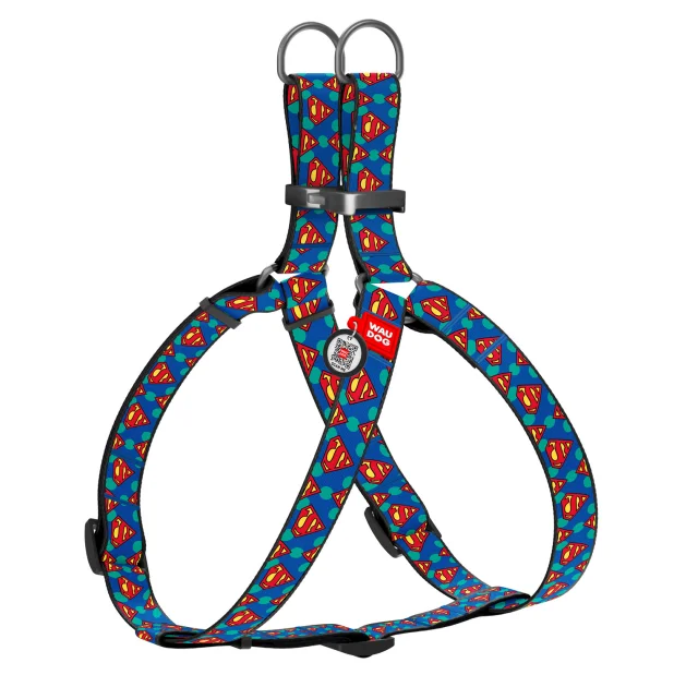 Шлея Waudog Nylon для собак, с QR паспортом, рисунок Супермен Лого, синий, 25 мм, 60-90 см