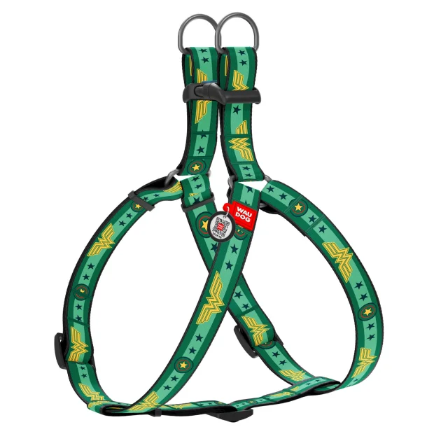Шлея Waudog Nylon для собак, с QR паспортом, рисунок Чудо-женщина 2, зеленый, 25 мм, 60-90 см