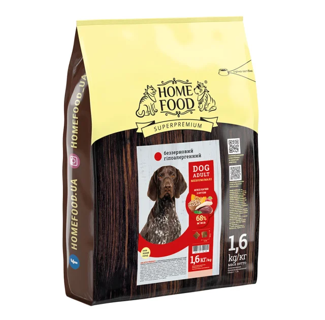 Сухий корм Home Food для дорослих собак середніх і великих порід, з качкою та нутом, гіпоалергенний, беззерновий, 1.6 кг