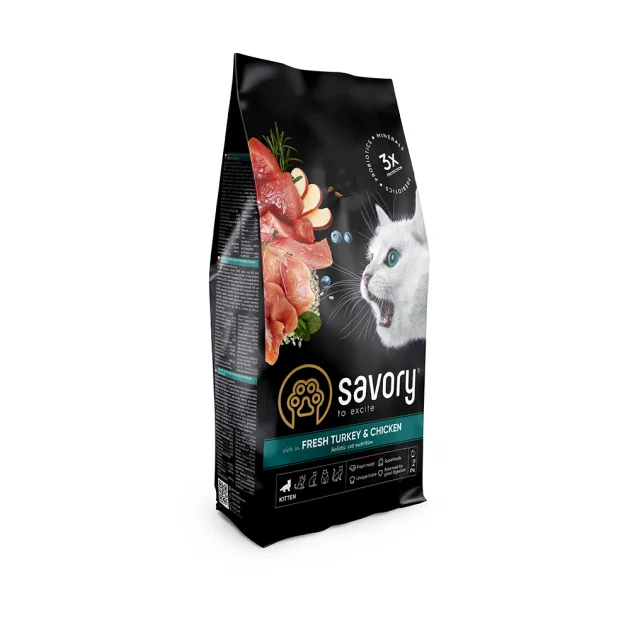 Сухой корм для котят Savory, со свежим мясом индейки и курицы, 2 кг