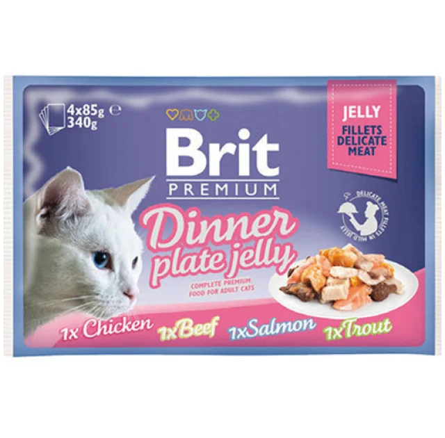 Вологий корм Brit Premium Cat набір паучів, для кішок, обідня тарілка в желе, 4 шт, 85 г