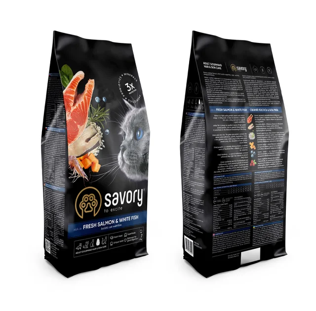 Сухой корм для длинношерстных кошек Savory, со свежим лососем и белой рыбой, 2 кг