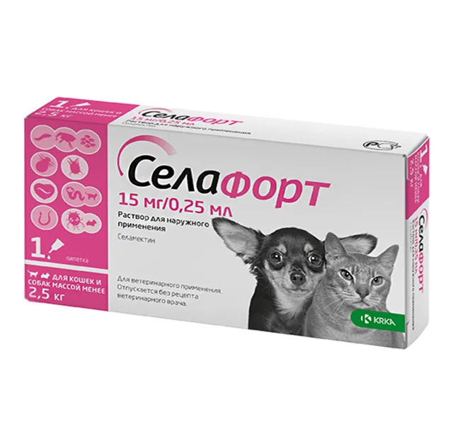 Капли KRKA Селафорт от блох, клещей и гельминтов для собак и кошек весом до 2.5 кг, 1 пипетка(откл)