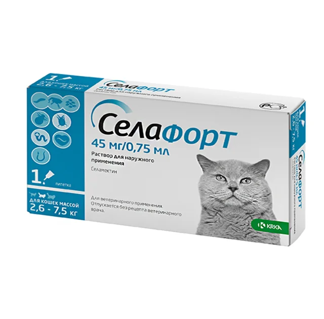 Капли KRKA Селафорт от блох, клещей и гельминтов для кошек весом 2.6-7.5 кг, 1 пипетка(откл)