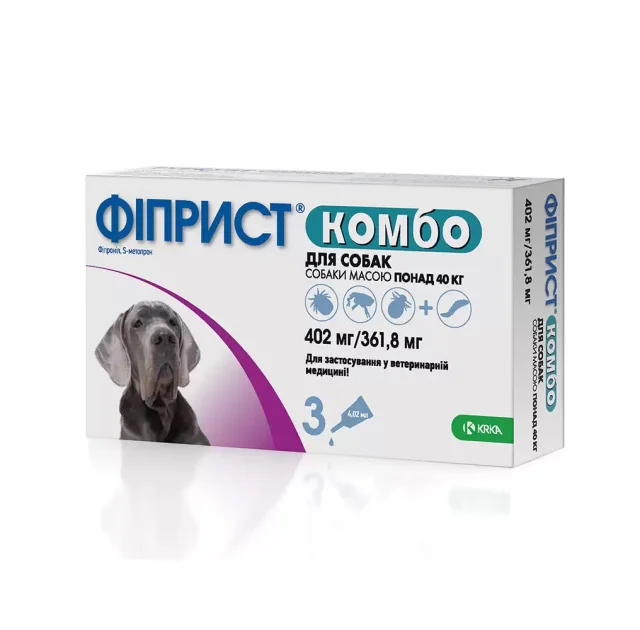 Краплі KRKA Фіпріст комбо від бліх і кліщів для собак вагою 40-60 кг, 4.02 мл×3 піпетки