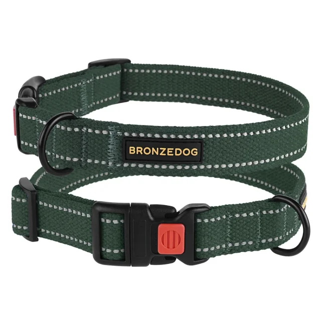 Нашийник BronzeDog Cotton, для собак, брезент, світловідбиваючий, фастекс пластик, зелений, 35-53×2.5 см