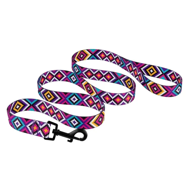 Повідець BronzeDog Tribal для собак, нейлон, принт гуцульський, фіолетовий, 152×1 см