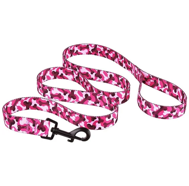 Поводок BronzeDog Urban для собак, нейлон, принт косточки, розовый, 152×2.5 см