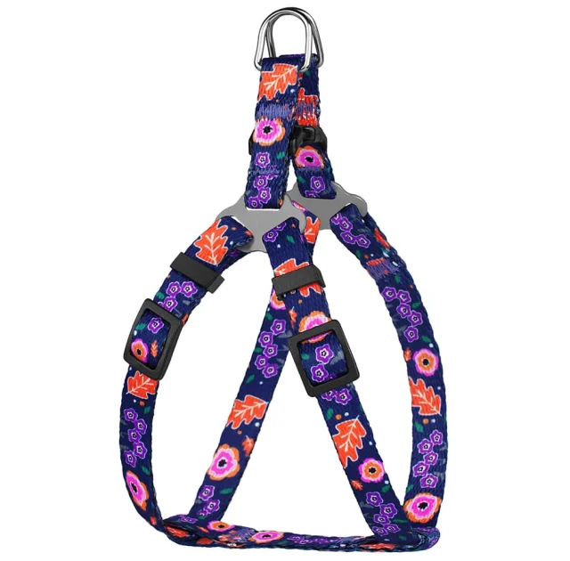 Шлея BronzeDog Tribal для собак, нейлон, принт квіти, синій, 28-40 см