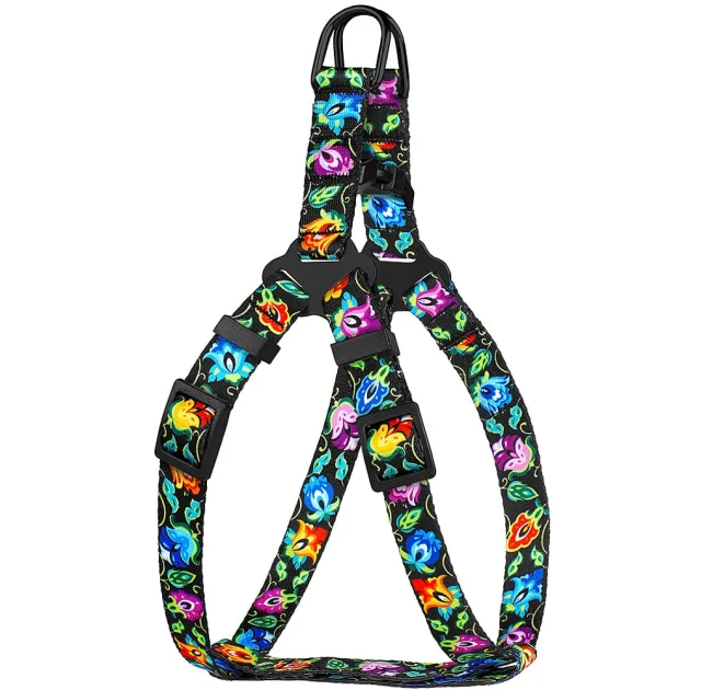 Шлея BronzeDog Folk для собак і котів, нейлон, принт квіти, чорний, 57-73 см