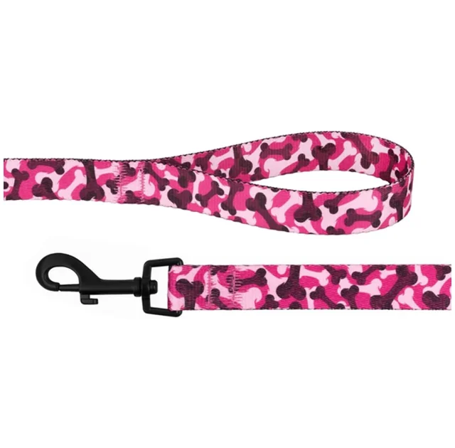 Поводок BronzeDog Urban для собак, нейлон, принт косточки, розовый, 152×1.6 см