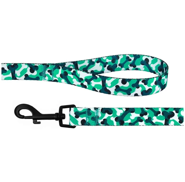 Поводок BronzeDog Urban для собак, нейлон, принт косточки, бирюзовый, 152×1.6 см