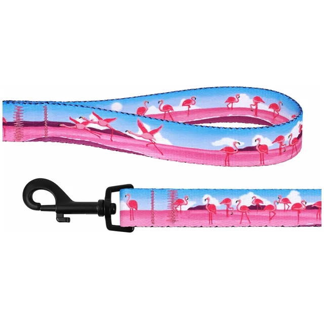 Поводок BronzeDog Travel для собак, нейлон, принт фламинго, 152×1.6 см
