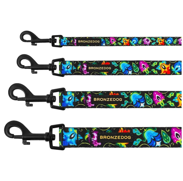 Повідець BronzeDog Folk для собак, з нашивкою, принт квіти, чорний, 152×1.6 см
