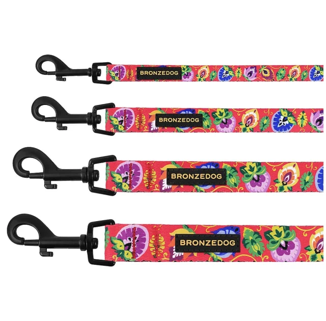 Повідець BronzeDog Folk для собак, з нашивкою, принт квіти, кораловий, 152×2.5 см