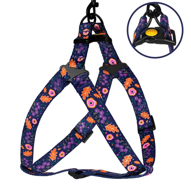 Шлея BronzeDog Tribal для собак, нейлон, принт квіти, синій, 57-73 см