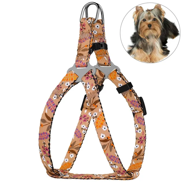 Шлея BronzeDog Urban для собак, нейлон, принт квіти, бежевий, 24-30 см