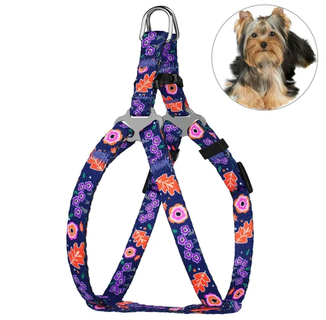Шлея BronzeDog Urban для собак, нейлон, принт квіти, синій, 24-30 см