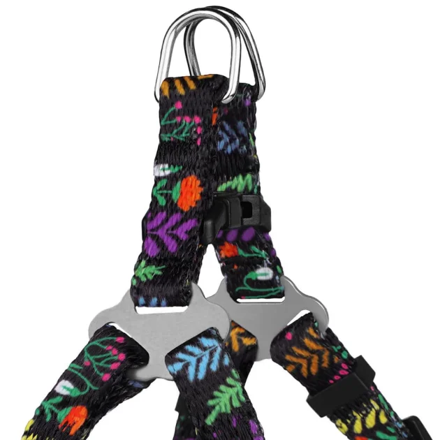 Шлея BronzeDog Urban для собак, нейлон, принт квіти, чорний, 24-30 см