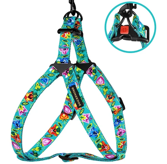 Шлея BronzeDog Folk для собак, нейлон, принт квіти, ментоловий, 57-73 см