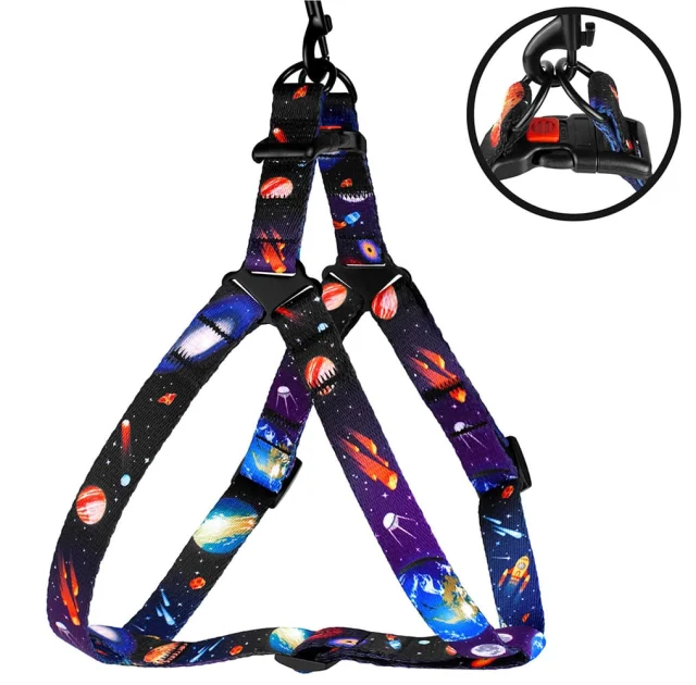 Шлея BronzeDog для собак, нейлон, принт космос, чорний, 45-60 см