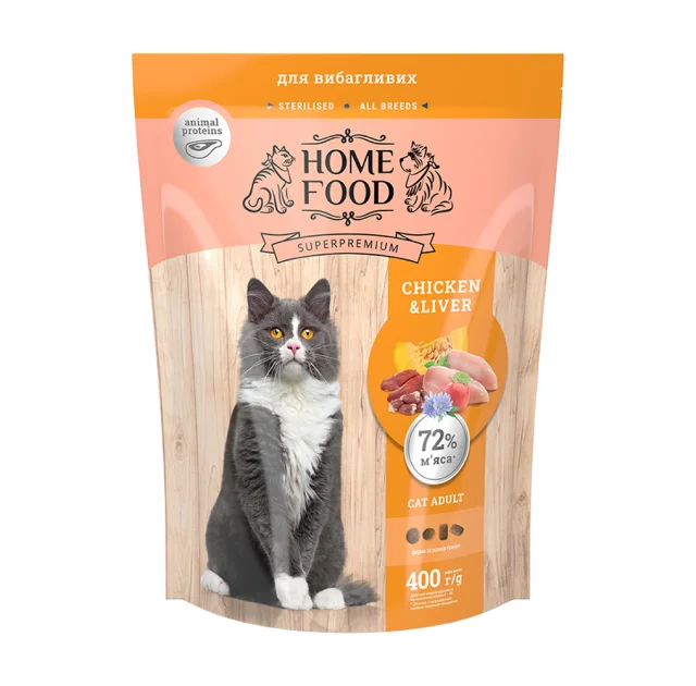 Сухий корм Home Food Chicken & Liver для вибагливих котів, з курочкою і лівером, 400 г