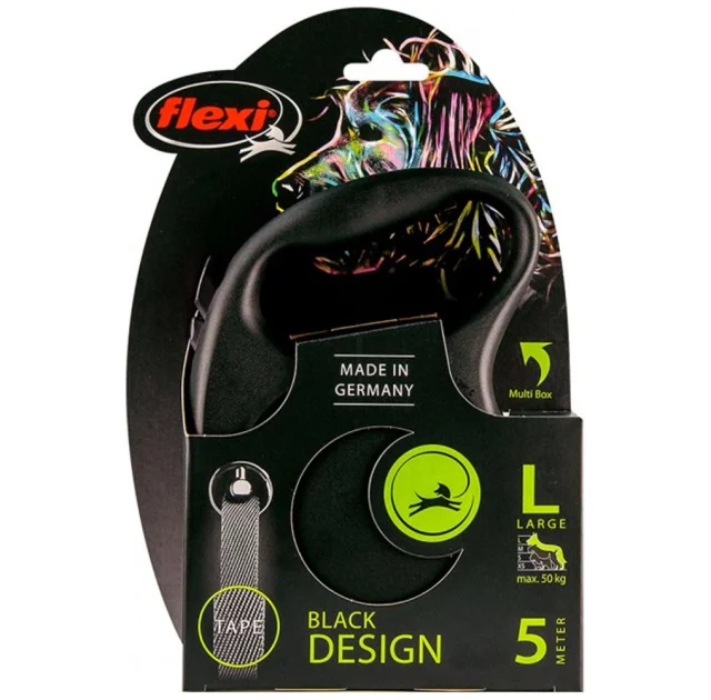 Поводок-рулетка Flexi Black Design L для собак до 50 кг, 5 м, лента, черная