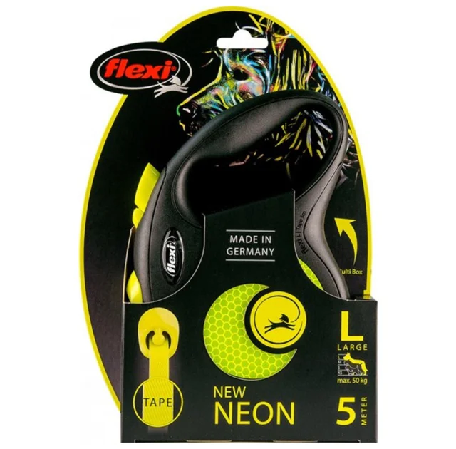 Рулетка Flexi Neon L, для собак, 5 м, стрічка, чорно-жовта