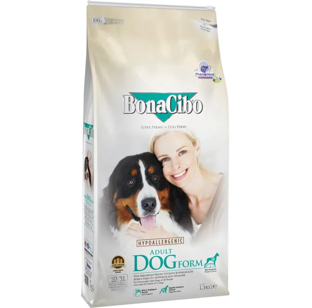 Сухой корм BonaCibo Adult Dog Form для стареющих собак и собак с лишним весом, курица/анчоусы/рис, 15 кг
