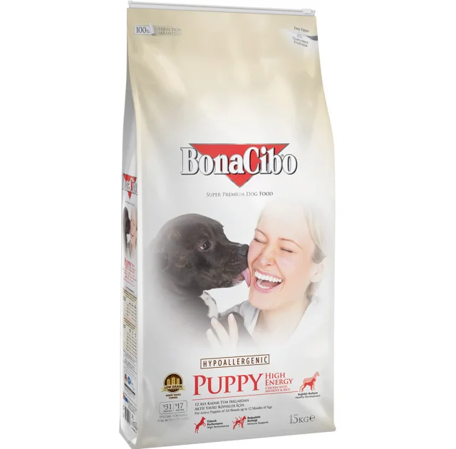 Сухой корм BonaCibo Puppy High Energy Chicken&Rice для активных щенков всех пород, курица/рис/анчоусы, 15 кг