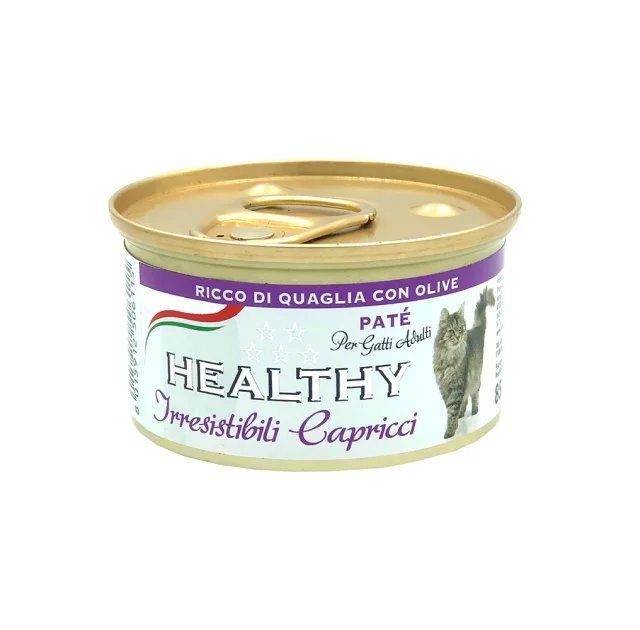 Консерва Healthy Irresistibili Capricci для требовательных кошек, паштет с перепел c оливками, 85 г