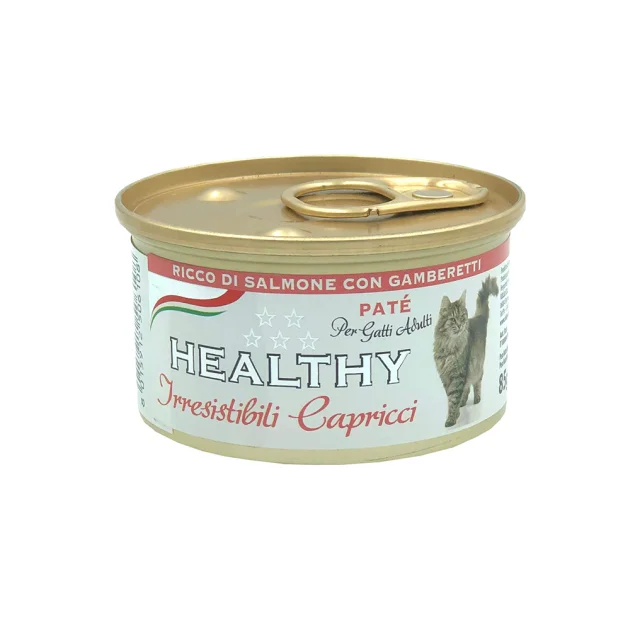 Консерва Healthy Irresistibili Capricci для требовательных кошек, паштет с лососем и креветками, 85 г