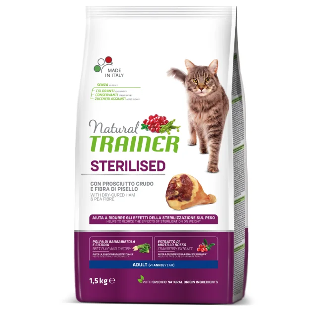Корм Trainer Natural Super Premium для дорослих стерилізованих кішок від 1 року, сиров'ялена шинка, 1.5 кг