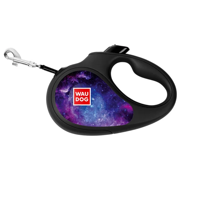 Поводок-рулетка WAUDOG R-LEASH для собак, малюнок "NASA21", S, до 15 кг, 5 м, світловідбиваючі стрічка, чорний