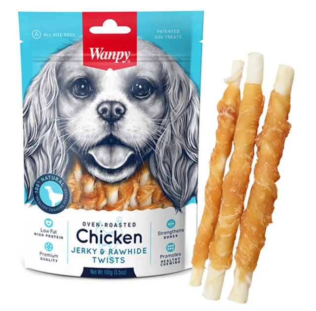 Лакомство Wanpy Chicken Jerky & Rawhide Twists палочка с вяленой курицей, для собак, 100 г