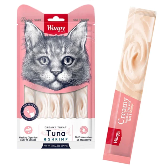 Ласощі Wanpy Creamy Lickable Treats Tuna&Shrimp з тунцем, креветками, вітамінами і таурином, для котів, 5×14 г