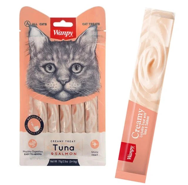 Ласощі Wanpy Creamy Lickable Treats Tuna&Salmon з тунцем, лососем, вітамінами і таурином, для котів, 5×14 г