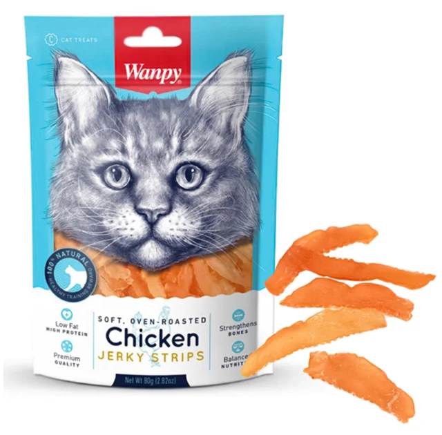 Лакомство Wanpy Soft Chicken Jerky Strips вяленые куриные полоски, для кошек, 80 г