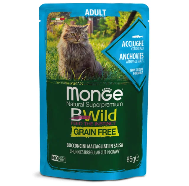 Влажный корм Monge Cat Be Wild Gr. Free Wet для взрослых кошек, кусочки в соусе, анчоус с овощами, 85 г