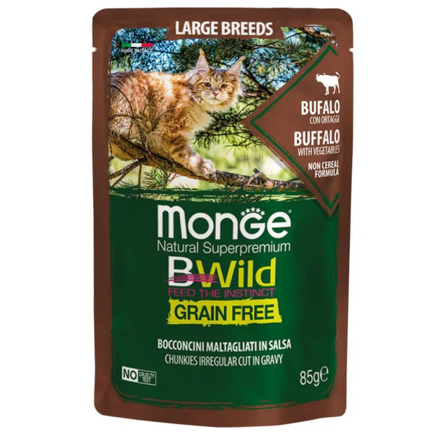 Вологий корм Monge Cat Be Wild Gr.Free Wet для котів великих порід з 2-х місяців, шматочки в соусі, з м'ясом буйвола, 85 г
