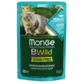 Вологий корм Monge Cat Be Wild Gr.Free для котів, шматочки в соусі, тріска з креветками та овочами, 85 г